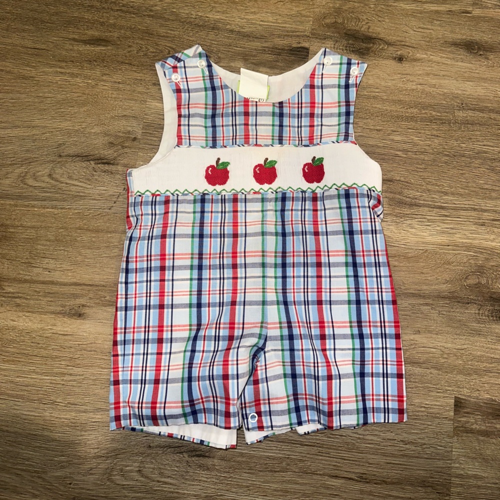 Classic Whimsy Boutique- blue Apple Shortalls